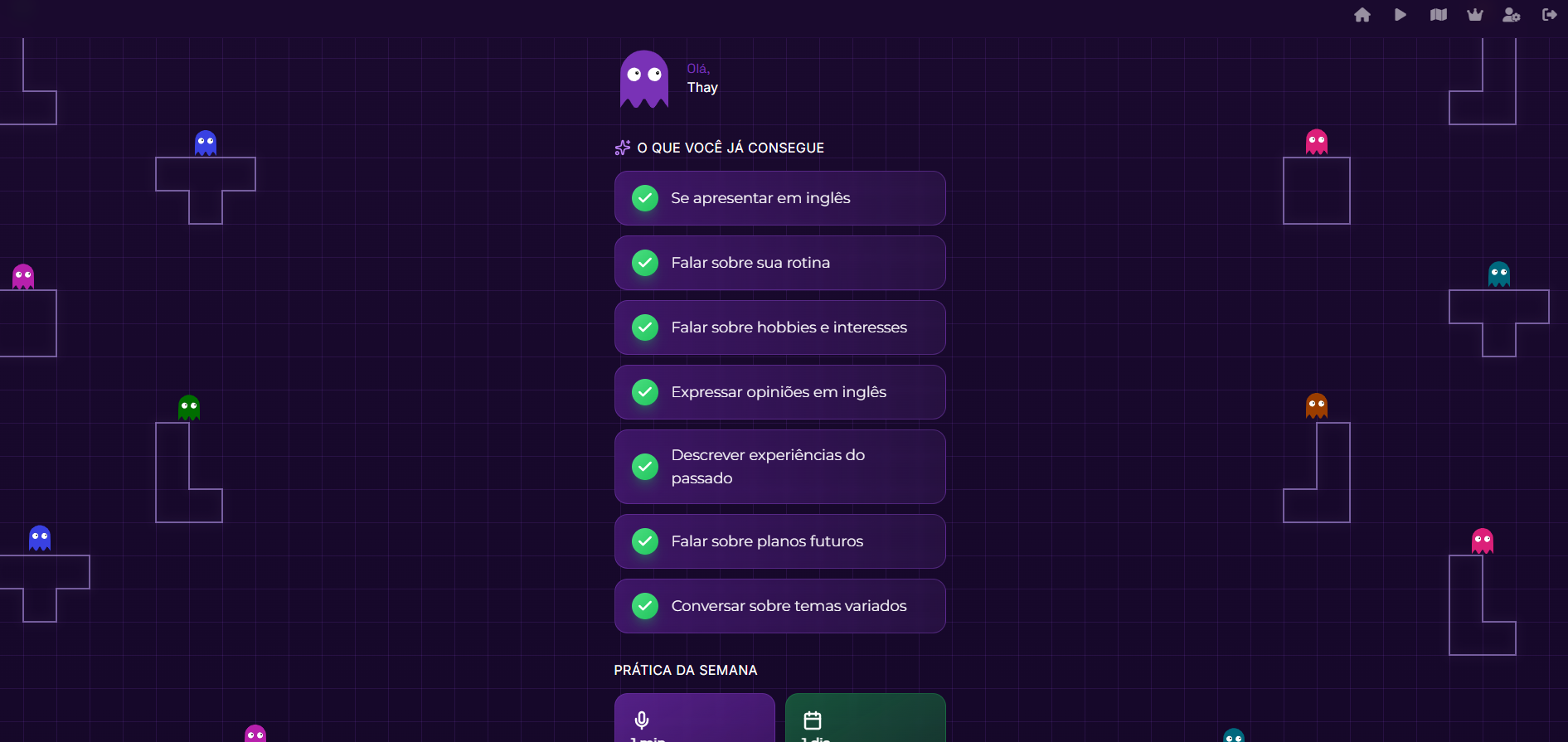 Tela de progresso mostrando habilidades comunicativas